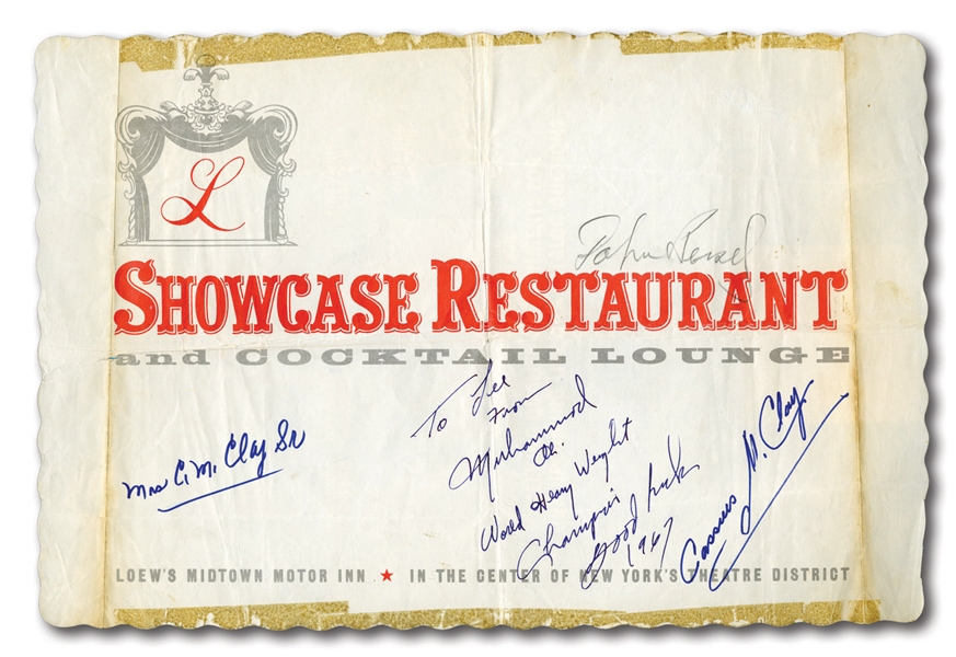 1967 MUHAMMAD ALI SIGNED & INSCRIBED "WORLD HEAVY WEIGHT CHAMPION" N.Y. RESTAURANT PLACEMAT ALSO SIGNED BY HIS PARENTS (PHOTO PROVENANCE)